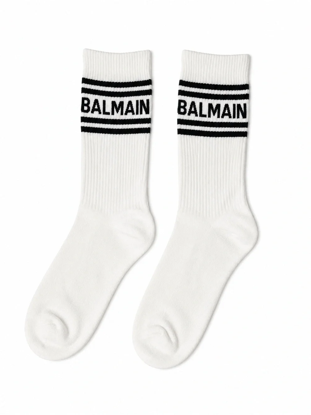 Balmain Paris Logo Stripe Crew Socks 2-Pack White Black Size 43-46 NWT